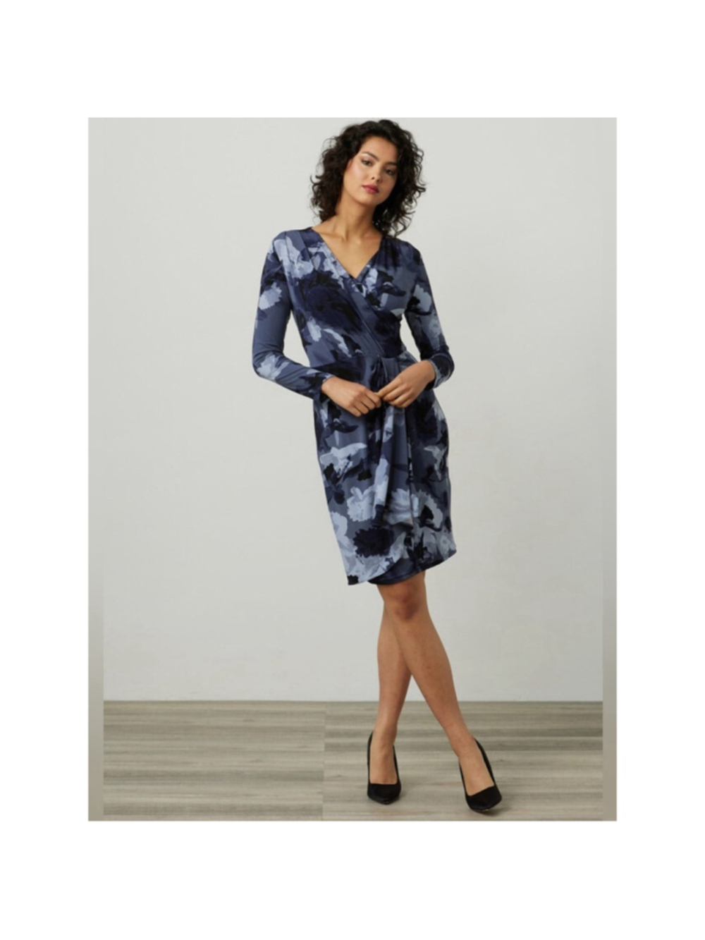 Joseph Ribkoff Dress faux wrap dress gathered front abstract florals sz 14